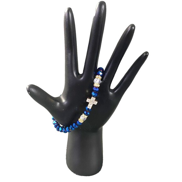 Unbranded Jewelry - Metallic Iridescent Blue Cross Charm Bracelet Octagon Beads Multicolor Stretch
